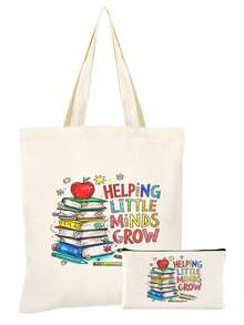 10/5/4/2pcs/1pc/Set Teacher Themed Canvas Tote Bag, Shopping Bag, Zipper Pouch, Appreciation Card, Apple Keychain Canvas Gift Set, Suitable For Back To School, Graduation, Teacher's Day, Multi-Purpose Shopping Bag, Book Bag, Stationery Pouch Set, Portable For SPA, Party, Gym, Travel, Cosmetic Organizer - Beige - View 40