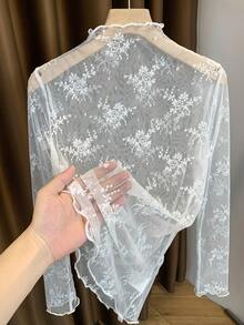 2025 New Lace Mock Neck Layering Sheer Mesh Long Sleeve Undershirt For Women, Spring/Summer/Autumn - White - View 2
