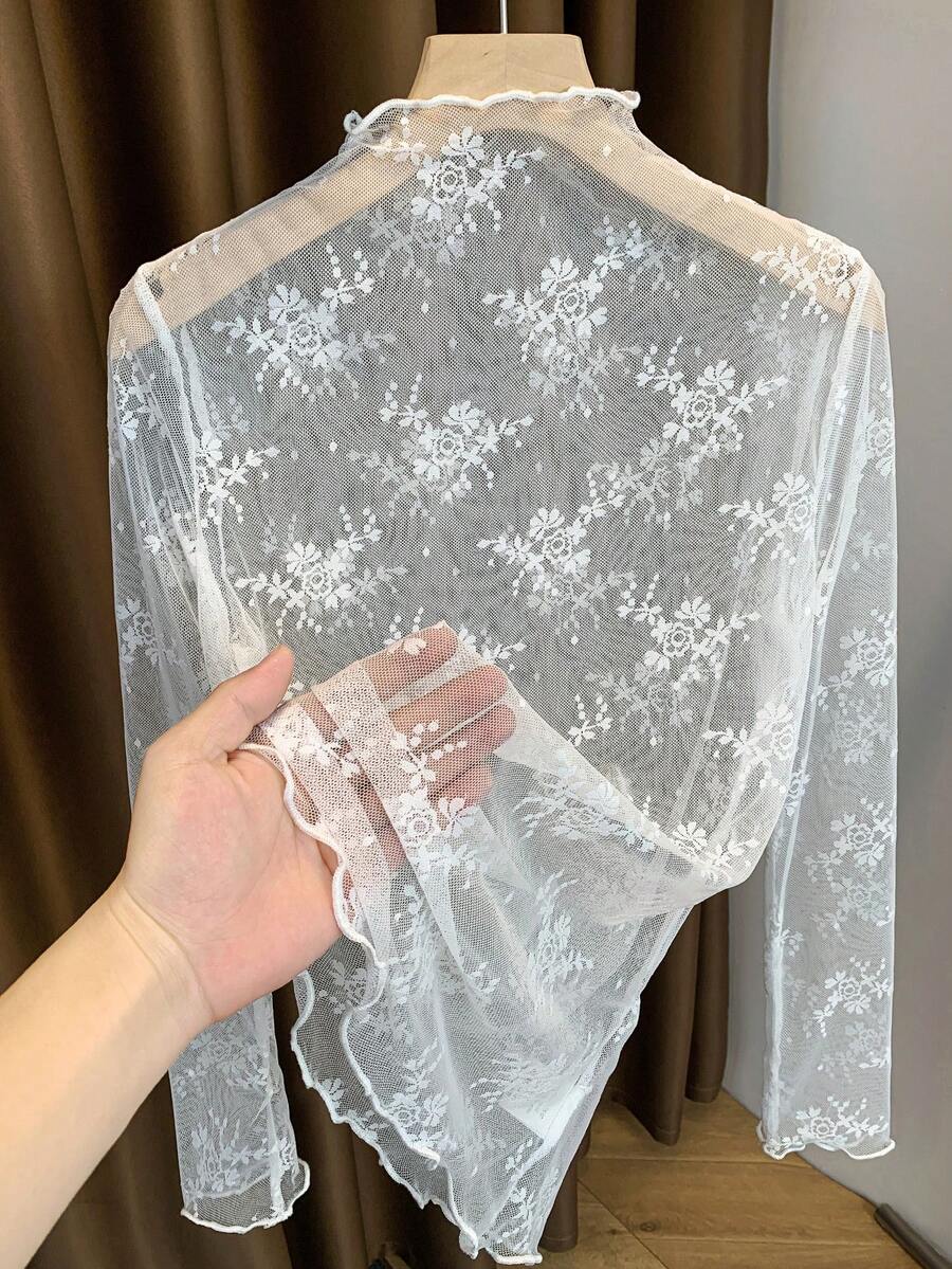 2025 New Lace Mock Neck Layering Sheer Mesh Long Sleeve Undershirt For Women, Spring/Summer/Autumn Casual White