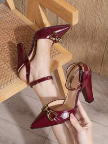 New Stylish Chunky Heel Pointed Toe Backless Sandals For Women With Buckle And Rhinestone Decor, Spring/Summer - Burgundy - View 3