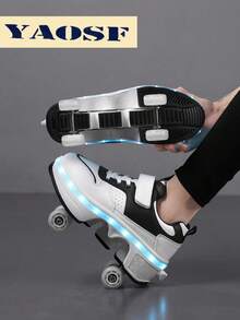 YAOSF 青少年轮滑鞋，升级版，稳定性更强，可拆卸两用运动鞋，街头酷炫轮滑鞋，户外运动发光鞋，新款直排轮滑鞋，带轮发光鞋，USB充电轮滑鞋