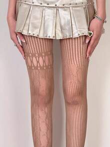 1pc Asymmetric Hollow Fishnet Stockings, Sexy Sheer Black Tights For Women, Vintage American Distressed Gothic Punk Asymmetric Fishnet, Retro Y2K Edgy Goth Streetwear