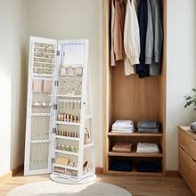 Schmuckschrank, Schmuckaufbewahrungsbox,Spiegelschrank, mit rahmenlosem Ganzkörperspiegel, für Halsketten, Ohrringe, Armbänder, Uhren und Ringe - Mehrschichtige Schmuckbox für Zuhause/Valentinstagsgeschenk für Freundin/Partnerin,360° drehbar, abschließbar - ‎Weiß + Schwarz - Übersicht 2