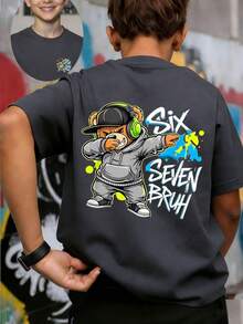 Tween Boy Cartoon Teddy Bear "SIX SEVEN BRUH" Graphic Crew Neck Short Sleeve T-Shirt, Streetwear Style Casual Tee For Summer - Dark Grey - View 5