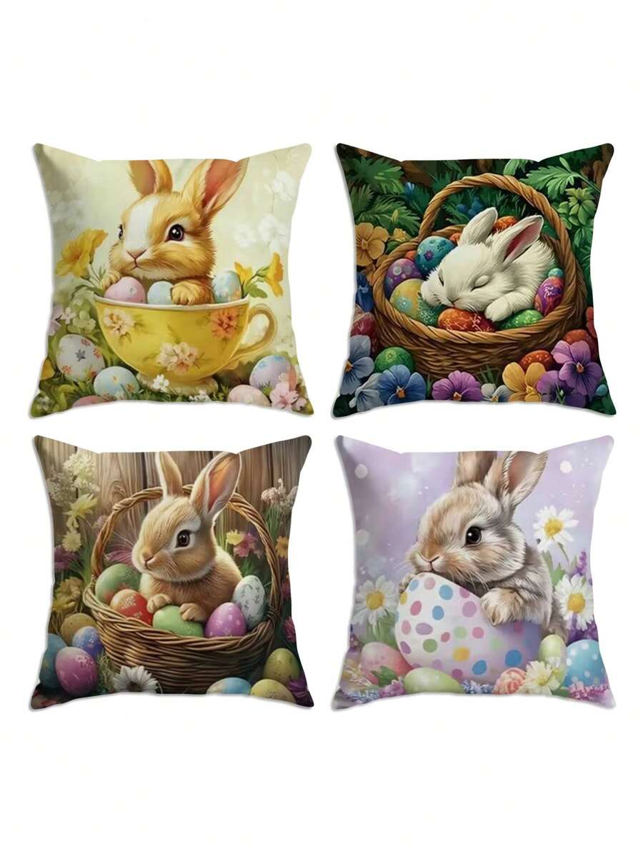 1/4 st örngott med blommönster påskhare och ägg | Festliga dekorativa kuddfodral, polyester, lämpliga för vardagsrum, soffa, veranda, utomhus - maskintvättbara - Multifärgad - Visa 1