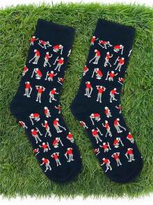 12只/10只/5只/4只/1双趣味高尔夫球手印花男女通用袜，新奇休闲中筒袜，高尔夫爱好者礼物之选，趣味高尔夫图案中筒袜，休闲舒适新奇运动袜 - 彩色 - 查看 4