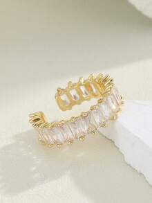 1pc Rectangular Fully Paved Crystal Ring, Fashionable Luxury Exquisite Niche Design Adjustable Women's Ring - Yellow Gold - View 4