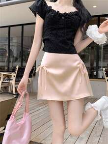Pink Bowknot Pleated A-Line Mini Skirt For Women, Slim Fit, Lined, Side Zipper, Summer - Pink - View 1