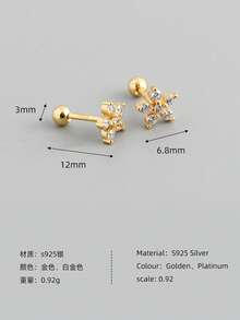 HuooNew 1對S925純銀鍍金花朵鋯石螺絲耳釘，小水鑽五星花簡約日常耳環 - 金黃色 - 查看 7