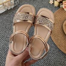 女童闪亮银色厚底凉鞋 - 金属搭扣沙滩拖鞋，派对和度假必备鞋款 - 杏色 - 查看 2