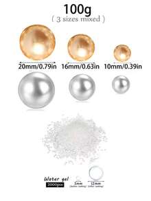 200克人造无孔漂浮珍珠，混合尺寸10毫米/16毫米/20毫米，可用于花瓶填充、婚礼装饰、漂浮蜡烛装饰、家居摆件，适合DIY婚礼、生日、主题派对、情人节、万圣节、圣诞节装饰（含水珠） - 金色+白色 - 查看 10