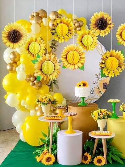 9件套向日葵派对装饰品，蜂窝状悬挂装饰，向日葵蜂窝状饰品，粉色和红色夏秋季向日葵农场纸花装饰，适合母亲节、妇女节、生日、婚礼、节日和派对。