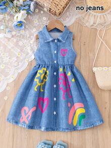 BASUSARRI 女童无袖纽扣开襟衫连衣裙,数码3D印花效果仿口袋心形图案收腰休闲衬衫裙,百搭时尚 - 藍色 - 查看 3