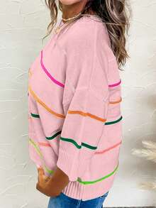 Acelitt Colorblock Striped 3/4 Sleeve Casual Knit Top, Suitable For All Seasons Pink - Pink - View 4