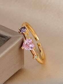 1 pieza Anillo con incrustación de circonita cúbica en forma de corazón rosa, adecuado para compromiso, boda y regalo - Amarillo Oro - Ver 6