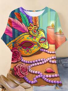 Carnival Party 3D Print Colorful Mask And Beads Design Women's Plus Size Casual Short Sleeve Round Neck T-Shirt For Festival Celebration,Holiday-Style Patterns,Women's Tops - 黑色 - 查看 2