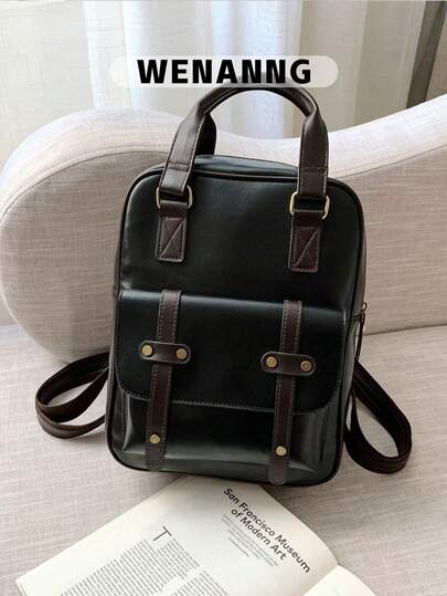 1个返校季休闲学院风背包，时尚优质PU皮革，空间宽敞，多口袋设计，大容量，带笔记本电脑隔层，拉链单肩包，纯色，轻便易携，可用作书包、运动手提包、简约休闲旅行包，适合毕业生、女性、青少年、户外、旅行、中小学生、大学生、徒步旅行、度假和上学使用。