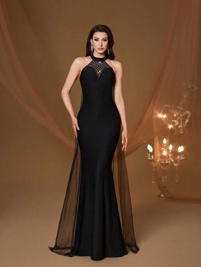 Vestido de sirena negro con diamantes Mgiacy, con capa transparente, elegante vestido de gala de verano para damas, adecuado para fiestas y vacaciones