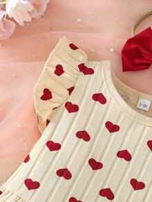 2pcs Baby Girls Heart Print Top And Casual Shorts Set With Headband, Sweet Little Girl Outfit - Apricot - View 5