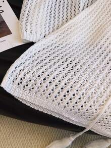 女士优雅镂空针织两件套，时尚休闲露脐上衣和半身裙，适合春夏海滩度假 - 白色 - 查看 10