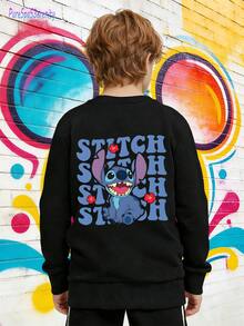 1pc Disney Stitch Classic Collegiate Badge Print With Playful Expression Tween Boys Preppy Sweatshirt - Soft & Versatile, Ideal For Back To School, Daily Commutes And Weekend Hangouts - 黑色 - 查看 5