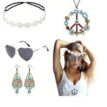 5pcs/Set Hippie Style Accessories Set: Peace Sign Necklace, Daisy Earrings, Flower Headband, Sunglasses, 60s Fashion Halloween - Blue - View 36