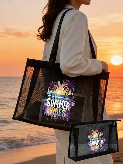 1/2个大容量网眼单肩包兼便捷化妆包，彩色爆炸岛日落棕榈树字母印花，沙滩风，网眼化妆收纳袋，可折叠大容量沙滩包，防水防沙，便携式沙滩度假手提包，男女皆宜