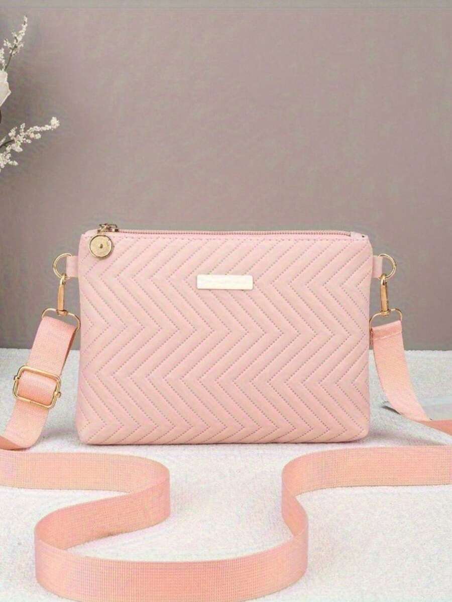 Women's Fashion Rhombus Woven Metallic Shiny, Chain Shoulder Crossbody Bag - Pink - View 1