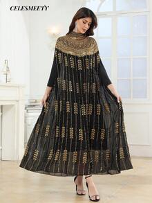 奢华女士皇家黑金V领亮片刺绣阿拉伯长袍斗篷袖连衣裙，适合派对、婚礼、家庭聚会等场合。 - 黑色 - 查看 3