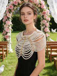 1pc Elegant Bohemian Handcrafted Multi-Layer Beaded Faux Pearl Body Chain - Ideal For Brides And Party Wear - White - View 4