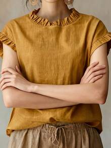 Solid Linen Texture Ruffle Trim French Retro Round Neck Short Sleeve Top, Summer Outfits For Women, Perfect For Holiday, Vacation & Daily Wear - Yellow - View 2