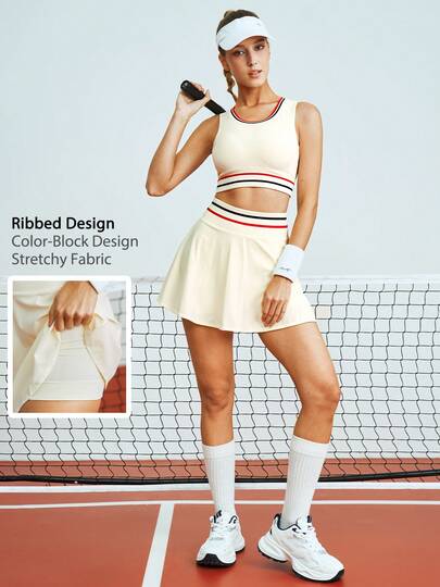 Leorrey 1 Set Women's Fashion Ribbed Contrast Color Round Neck Vest & High Waist Skirt, Badminton/Tennis Outfit