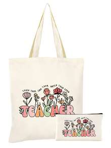 10/5/4/2pcs/1pc/Set Teacher Themed Canvas Tote Bag, Shopping Bag, Zipper Pouch, Appreciation Card, Apple Keychain Canvas Gift Set, Suitable For Back To School, Graduation, Teacher's Day, Multi-Purpose Shopping Bag, Book Bag, Stationery Pouch Set, Portable For SPA, Party, Gym, Travel, Cosmetic Organizer - Beige - View 26