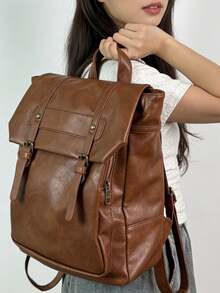 2025 New Japanese Style Backpack, PU Leather Retro Bag, University Student School Bag, Commuter Messenger Bag - Brown - View 1