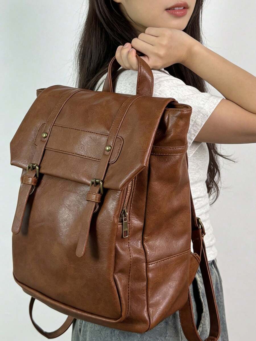 2025 New Japanese Style Backpack, PU Leather Retro Bag, University Student School Bag, Commuter Messenger Bag - Brown - View 1