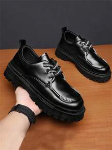 Black Casual Leather Shoes, Men's Spring 2026 New Arrival, Thick Sole, British Style, Versatile Dress Shoes - Black - View 5