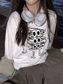 Women's Round Neck Long Sleeve T-Shirt, Spring/Autumn Versatile New Style Cartoon Puppy Pattern With Letter Print, Fashion Casual Loose Top - White - View 7