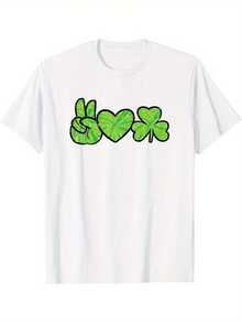 Men & Women Saint Patrick's Day Shamrock Dyeing T-Shirt - Green And White Irish Pattern, Featuring The Design Of The Peace And Love Shamrock, Short-Sleeved Round-Neck Casual Shirt, Suitable For Irish-Themed Parties And Casual Wear, With An Interesting Hippie-Style Graphic Of Four Leaves And Peace Symbols, Machine Washable, Suitable For All Seasons And Adults, An Excellent Creative Gift For Father's Day, Mother's Day, Birthday Or Other Special Occasions. - 白色 - 查看 1