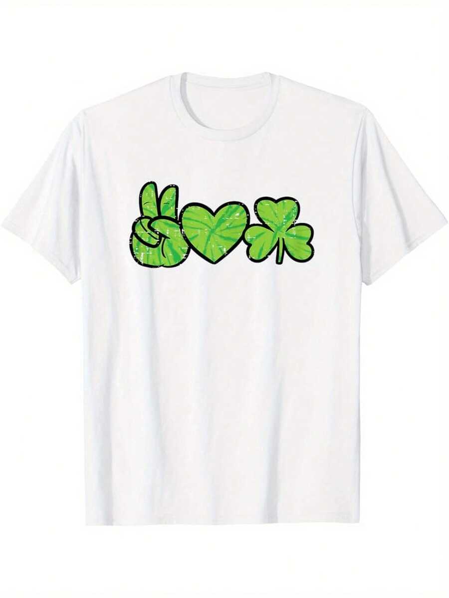 Men & Women Saint Patrick's Day Shamrock Dyeing T-Shirt - Green And White Irish Pattern, Featuring The Design Of The Peace And Love Shamrock, Short-Sleeved Round-Neck Casual Shirt, Suitable For Irish-Themed Parties And Casual Wear, With An Interesting Hippie-Style Graphic Of Four Leaves And Peace Symbols, Machine Washable, Suitable For All Seasons And Adults, An Excellent Creative Gift For Father's Day, Mother's Day, Birthday Or Other Special Occasions. - 白色 - 查看 1