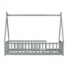 Twin Size Toddler Floor Bed With Guardrails & Slats, Grey Teepee Bed Frame For Kids, Boys, And Girls, Tent-Shaped Montessori Floor Bed - 灰色 - 查看 9