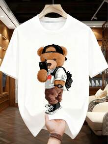Plus Size 2pcs Big & Tall Cool Bear Set | Bear Headphone & Backpack Print T-Shirt + "NICE" Bear Black Shorts, American Casual Street Style 2-Piece Set Summer - Black and White - View 3