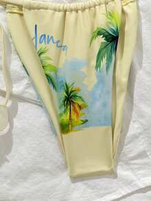 新款柔软加垫印花挂脖系带优雅派对比基尼套装，女士夏季沙滩时尚泳装 - 黃色 - 查看 7