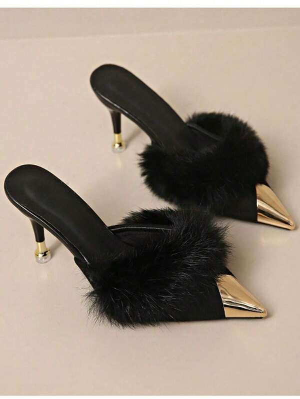 Women's Black Furry High Heel Shoes, Fashion Kitten-Heel Pointed Toe Mules, Elegant Slip-On Pumps, Pointed Toe High Heels, Solid Color Dress Shoes Suitable For Dresses And Cheongsam, Autumn/Winter,Mothers Day Gift