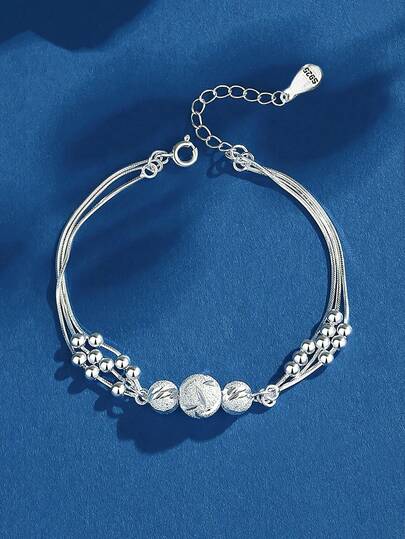 1pc S925 Sterling Silver Three Lives Three Worlds Beaded Bracelet, Women's Minimalist Round Multi-Layer Luxury Auspicious Bead Bracelet Accessory Gift