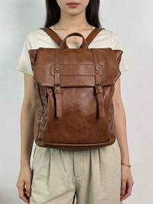 2025 New Japanese Style Backpack, PU Leather Retro Bag, University Student School Bag, Commuter Messenger Bag - Brown - View 8