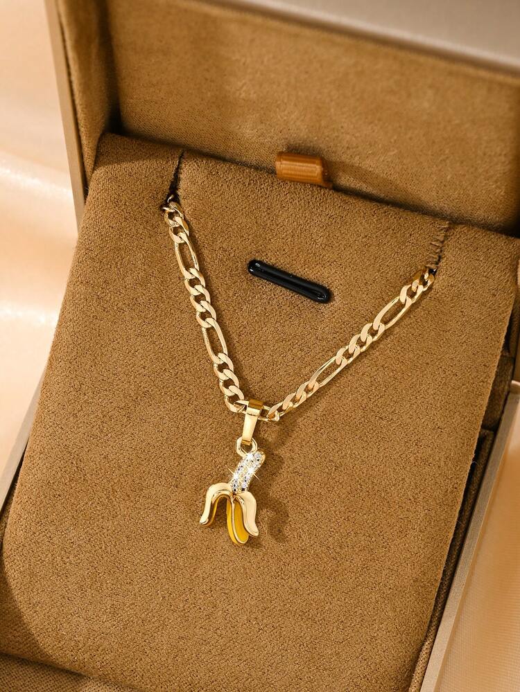 1pc Copper Inlaid Zirconia Elegant Cartoon Enamel Crafted Banana Pendant Necklace, Suitable As Gift For Girls/Boys/Family/Friends, Multifunctional, Luxury, Party, Banquet, Holiday, Christmas, Thanksgiving, Halloween - Yellow Gold - View 3