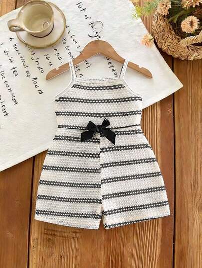 Toddler Girls' Black & White Striped Knit Jumpsuit With Suspender Vest, Cute Bow Decor, Casual Shorts Romper For Spring & Summer