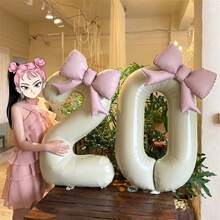 2pcs 40-Inch Ivory Number Balloons & 21-Inch Pink Bow Foil Balloons, Suitable For Wedding, Birthday, Anniversary, Graduation, Mother's Day Decoration, Indoor Room Decor - Cream - View 6