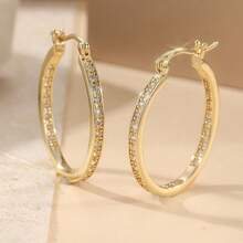 1pair Elegant Sparkling Large Hoop Earrings For Women KC Golden Plated Zinc Alloy, Boho Chic Style, Versatile Daily Wear & Holiday Parties, Durable Jewelry - Gold - View 3