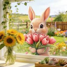 1/4 Set di adesivi per finestre primaverili con animali, conigli carini, mucche delle highlands, scoiattoli con tulipani e girasoli, decorazioni statiche per vetri, decorazione per il soggiorno - Multicolore - Visualizzare 2